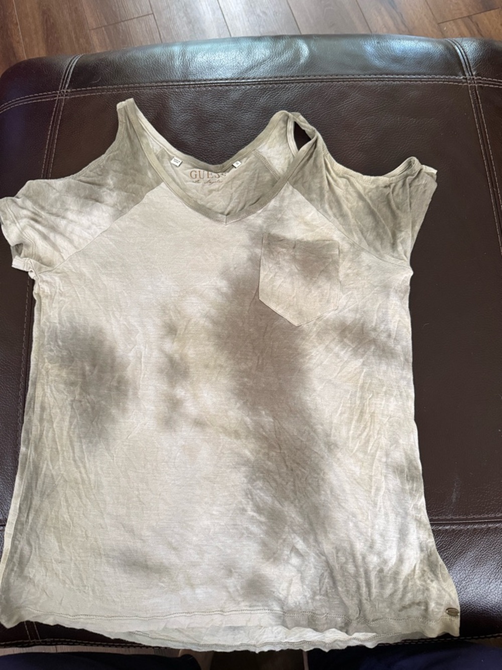 Guess Sage/Olive-Tone V-Neck cold shoulder soft Tee